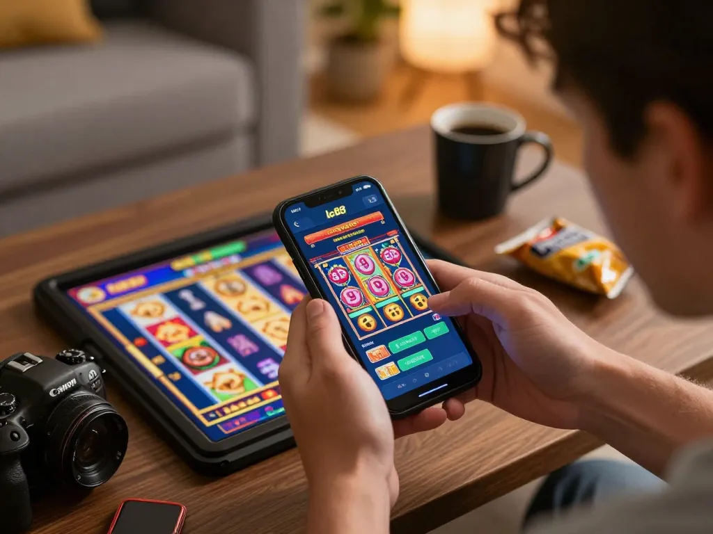Player engaging with lc88 casino app on smartphone in cozy home setting.