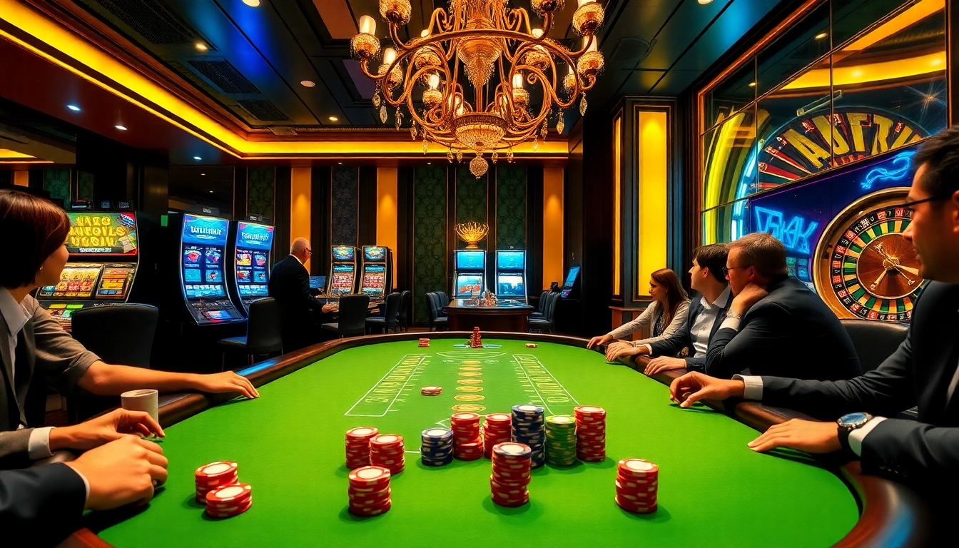 Exciting poker game action at a jagoan86 casino featuring vibrant chips and a roulette wheel.
