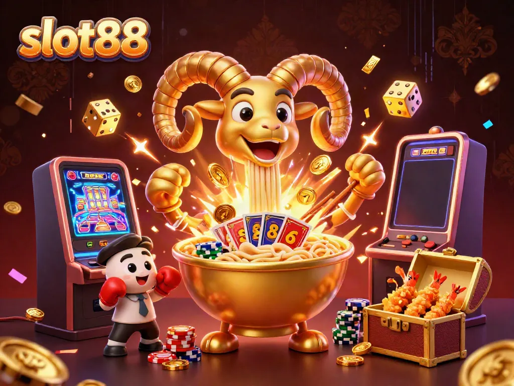 Experience the excitement of slot88 in this vibrant illustration featuring a golden ramen bowl, dealers, and jackpot symbols.