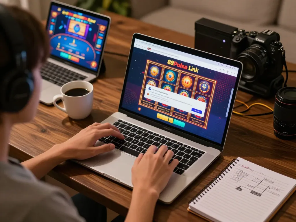 Engaging with 88Pulsa Link while enjoying online slot games in a cozy home setting, showcasing strategic gaming.