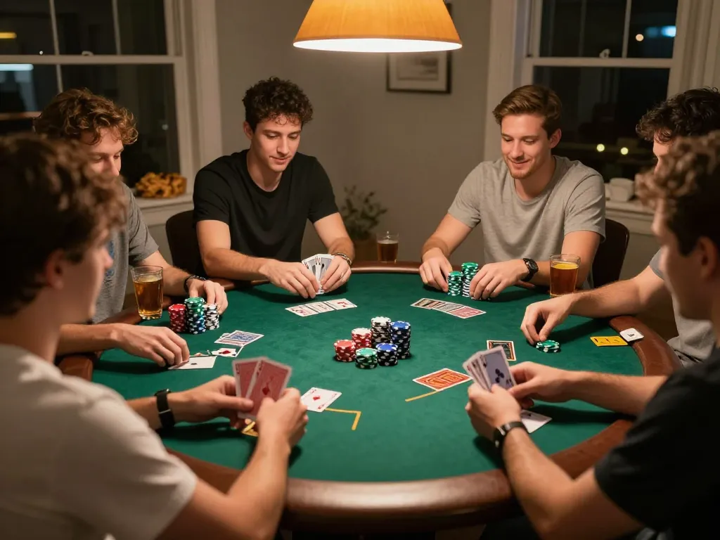 Friends enjoy poker night at home, showcasing the fun atmosphere with open88k gaming strategies shared.