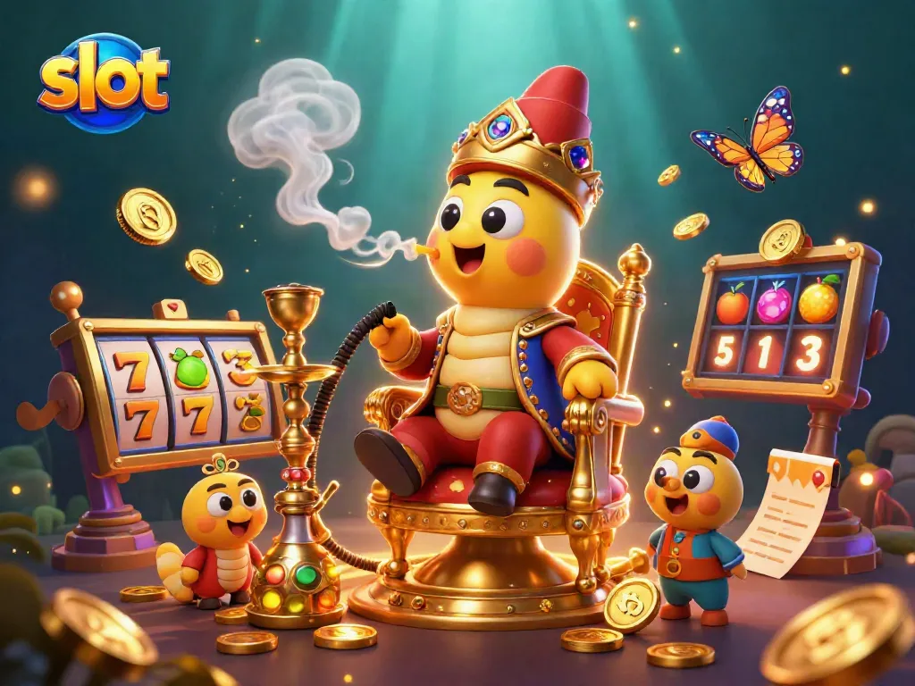 Mesin slot berputar dengan simbol keberuntungan dan koin emas bertebaran di kasino digital.