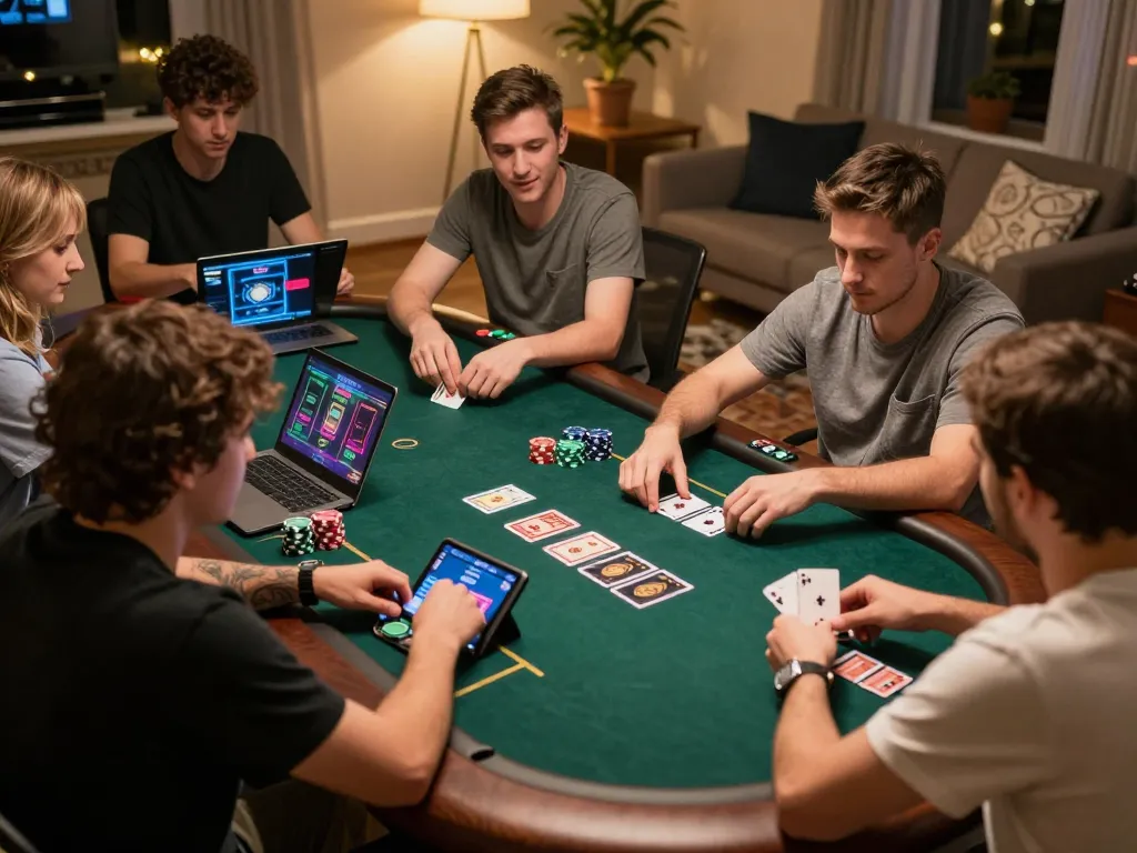 Engaging online poker gameplay showcasing kjc participants in a competitive home setting