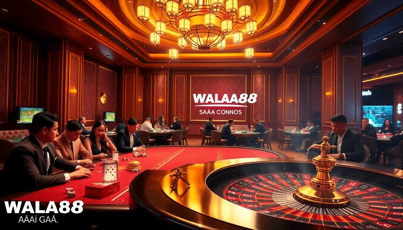 WALA88 đá gà live event showcasing gambling excitement in a luxury casino environment.