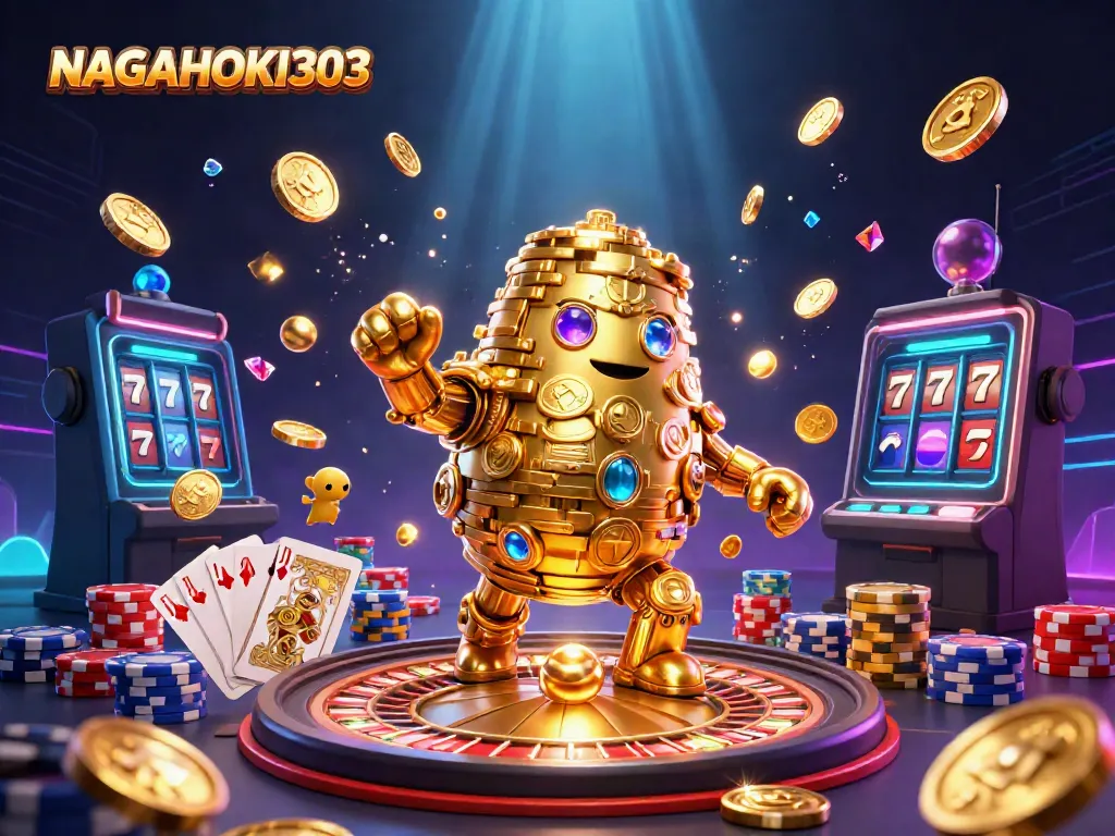 NAGAHOKI303 showcases a vibrant 3D scene of a golden golem with slot symbols amidst a cascade of coins and game elements.