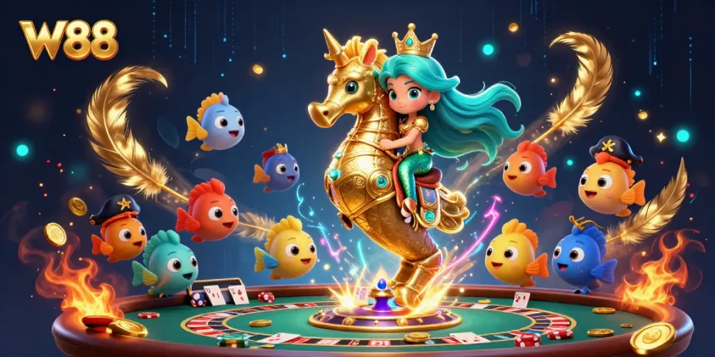 W88 casino illustration featuring a mermaid princess riding a seahorse among poker tables and vibrant elements.