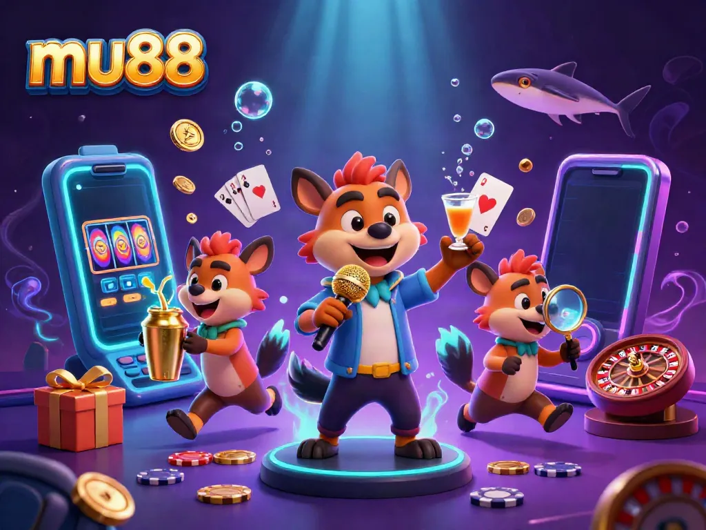 Join the fun with mu88 in a vibrant casino scene where hyenas entertain as a comedian and bartender.
