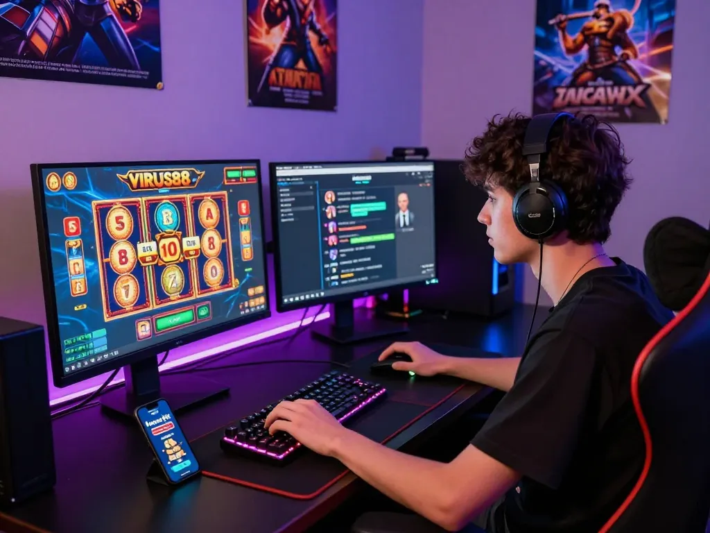 Pengaturan permainan yang menarik menampilkan permainan slot virus88 dengan grafik berwarna-warni dan suasana yang ceria