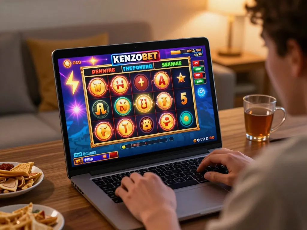 Player enjoying Kenzobet slot game on laptop, vibrant reels illuminated, home atmosphere.