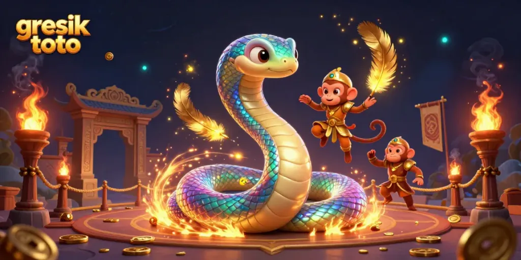 Experience the excitement at gresik toto with a vibrant 3D casino scene featuring a colorful serpent and golden monkey king.