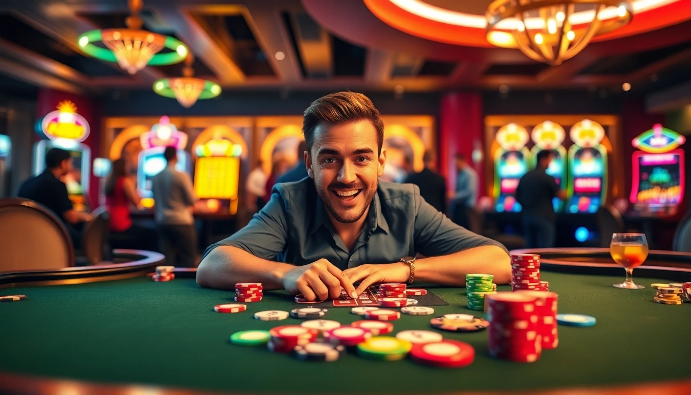 Menangkan dengan situs gacor di meja kasino dengan chip berwarna-warni dan suasana meriah.