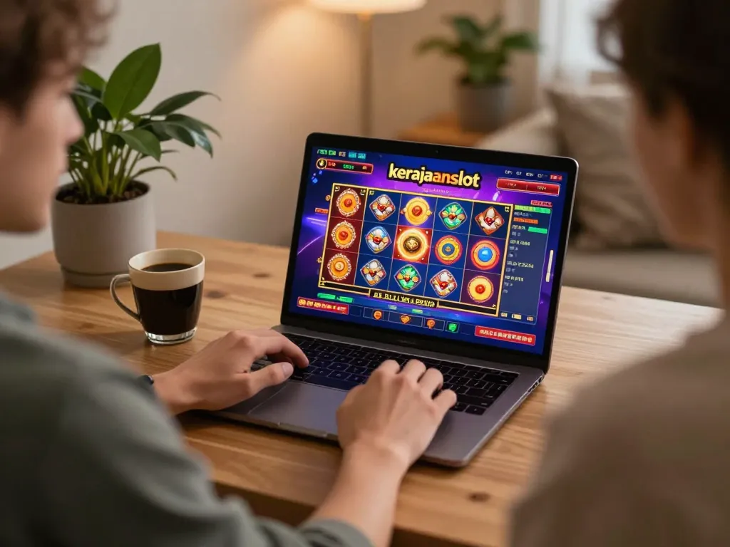 Engaging user participating in kerajaanslot online gaming at a stylish home desk with vibrant slot visuals