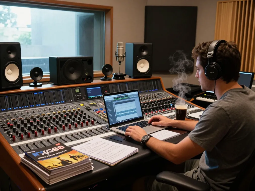 Sound engineer using TASCAM DA88 in a vibrant recording studio