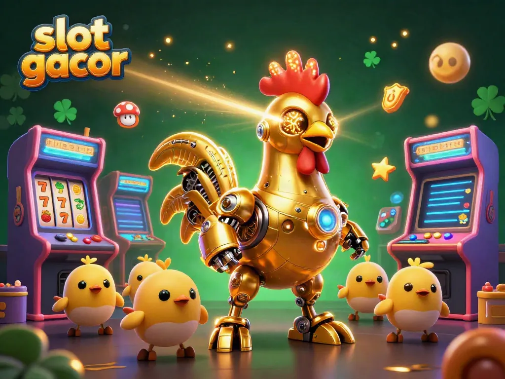 Slot gacor menampilkan robot ayam emas futuristik dan permainan slot menarik dengan efek visual yang kaya.