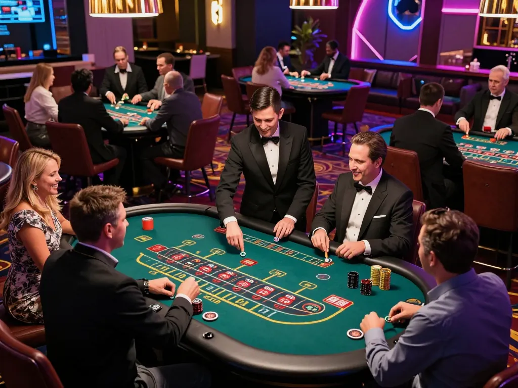 Action-packed scene at the 789bet casino floor showcasing players winning and dealers managing games.