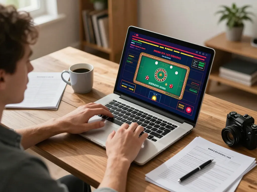 Player engaging with hargatoto online gambling on a laptop, displaying a roulette game interface and strategy notes.