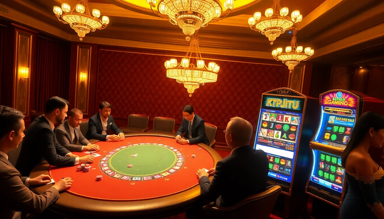 Ktpjitu login displayed on a luxurious casino setup with poker table and vibrant slot machine.
