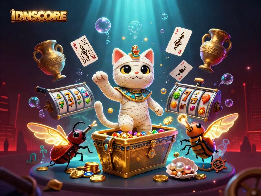 Engaging IDNSCORE illustration with a mummy cat in a casino bursting with treasure and game elements.