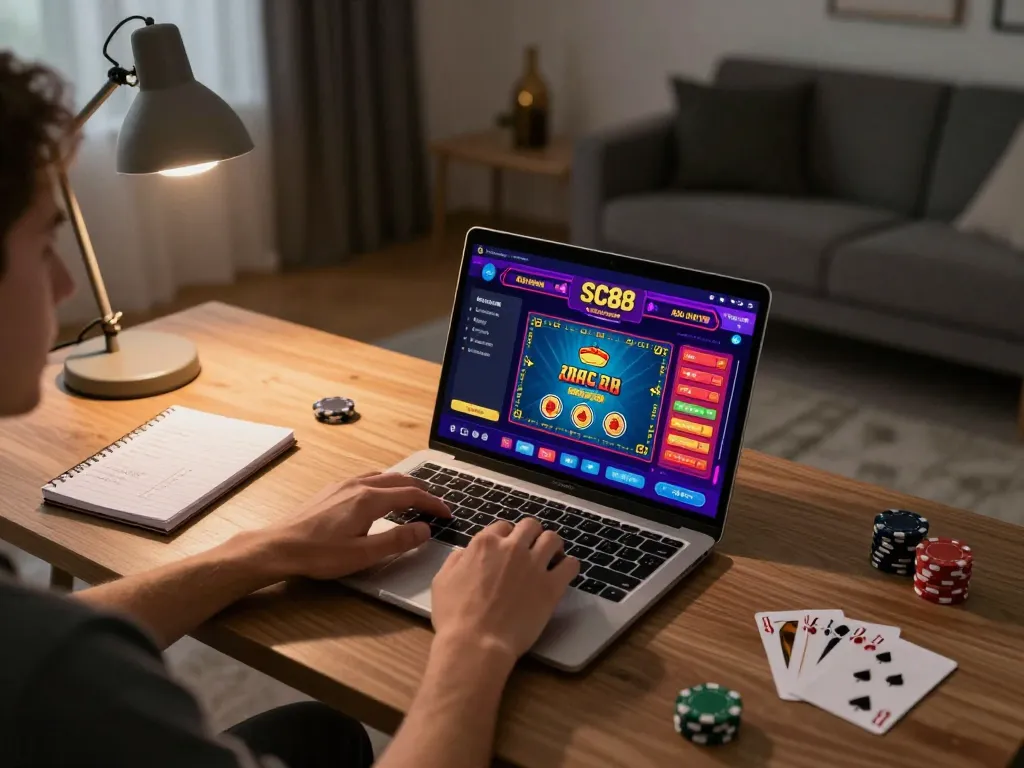 Engaging with SC88 casino platform on a laptop while tracking betting strategies.