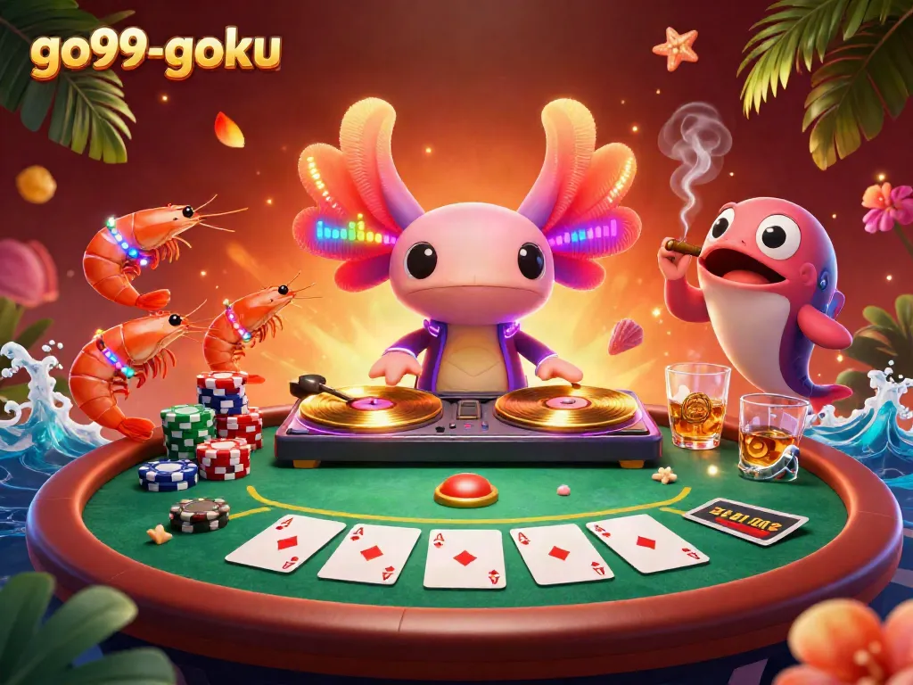 Experience an underwater casino party scene with go99-goku, featuring a DJ axolotl, dancing shrimp, and dynamic poker game elements.