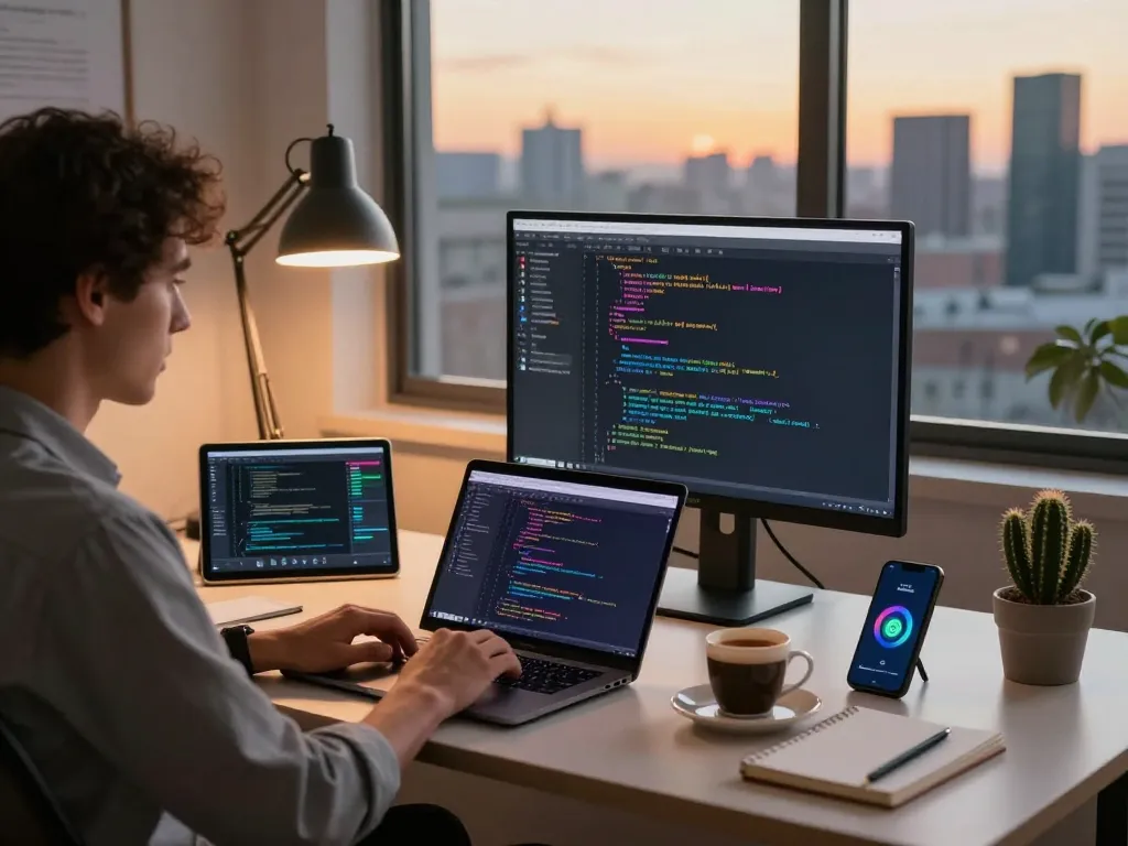 Developer using crush ai in a modern office, coding on laptop with vibrant screens.