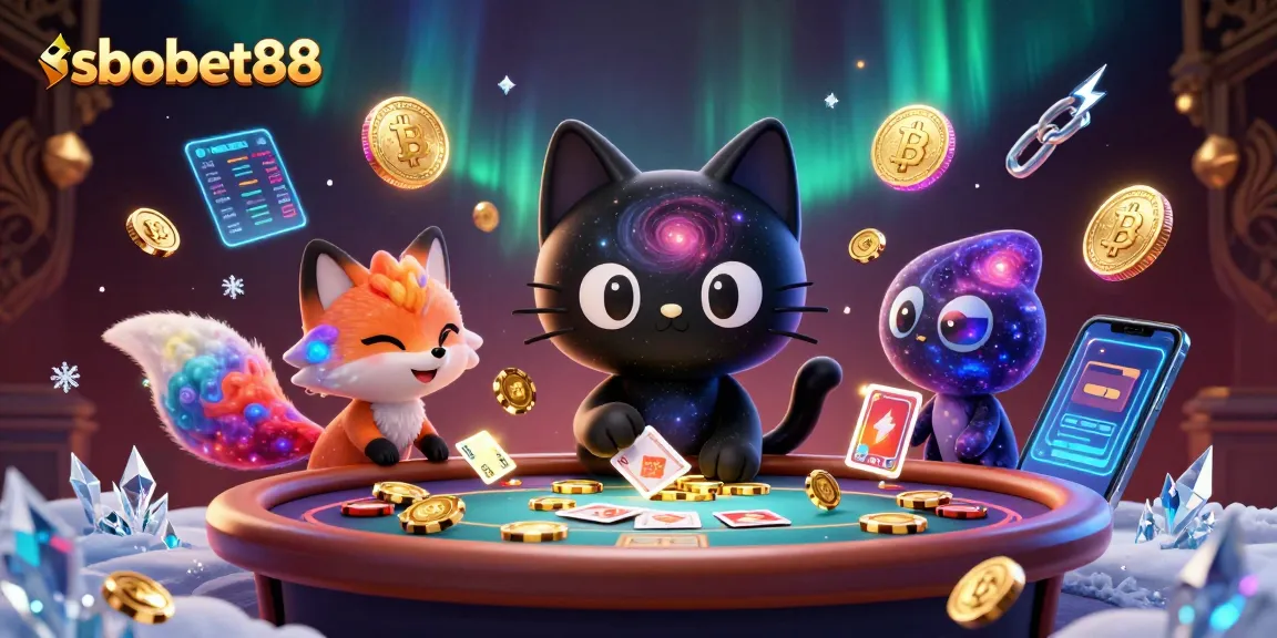 Taruhan sepak bola sbobet88 dengan karakter kucing lubang hitam dan rubah nebula dalam kasino kosmik.