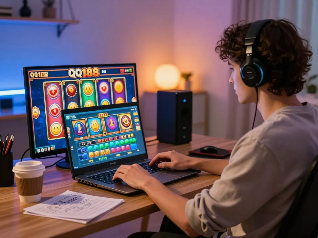 Permainan Slot QQ188 yang menarik di laptop di rumah, menyoroti perjudian online strategis.