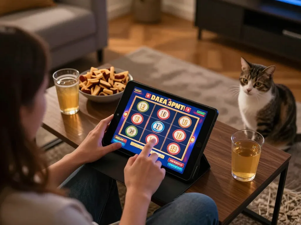 Bermain slot ondel4d di setup tablet yang nyaman, dikelilingi oleh makanan ringan.
