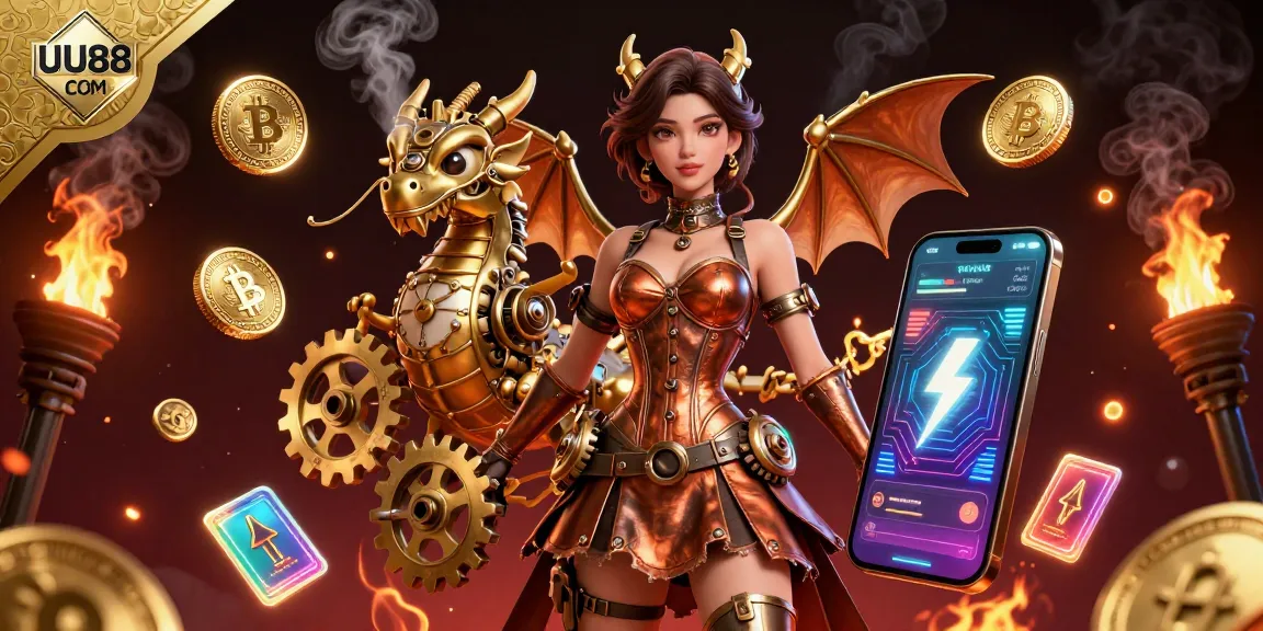 Experience thrilling gameplay at UU88 COM with a stunning woman and a clockwork dragon amidst glowing crypto elements.