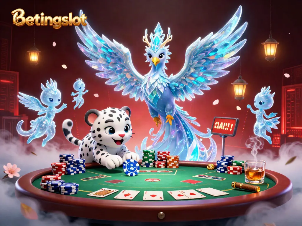 Bermain dengan betingslot, seekor phoenix es dan anak macan salju di meja poker yang megah.