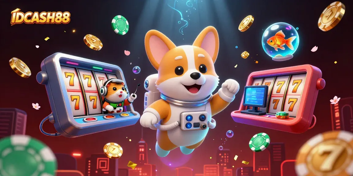 Experience IDCASH88 with a floating space casino featuring unique characters and vibrant gambling elements.