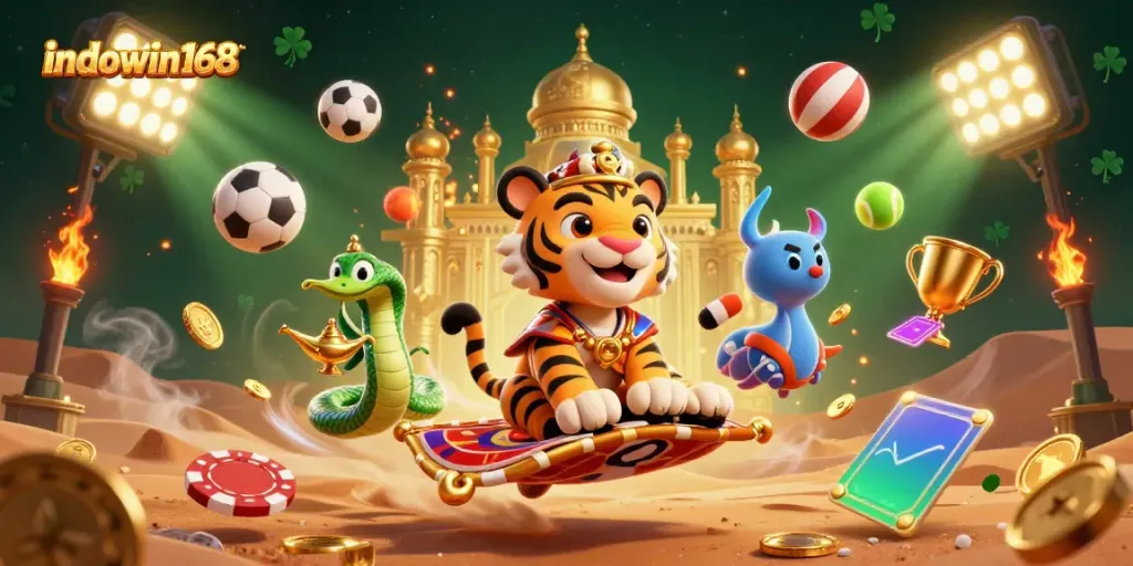 Menangkan gaya dengan indowin168, sultan kartun di karpet terbang dikelilingi bola olahraga.