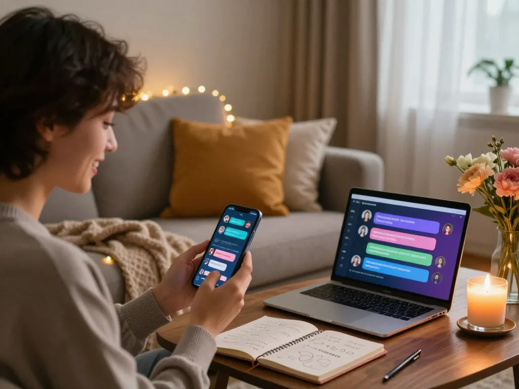 Person enjoying ai sexting on smartphone in cozy home setting with soft lighting and floral decor