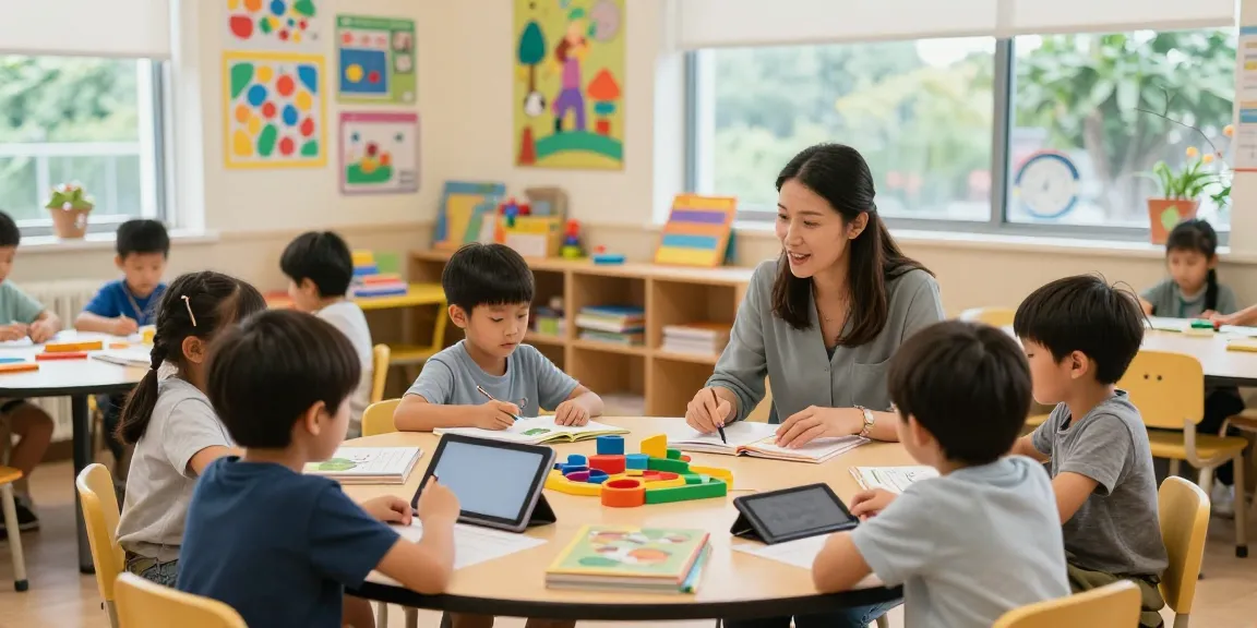 Dynamic classroom scene showcasing diverse children engaging in a hands-on learning activity exploring link slot concepts with educational tools.