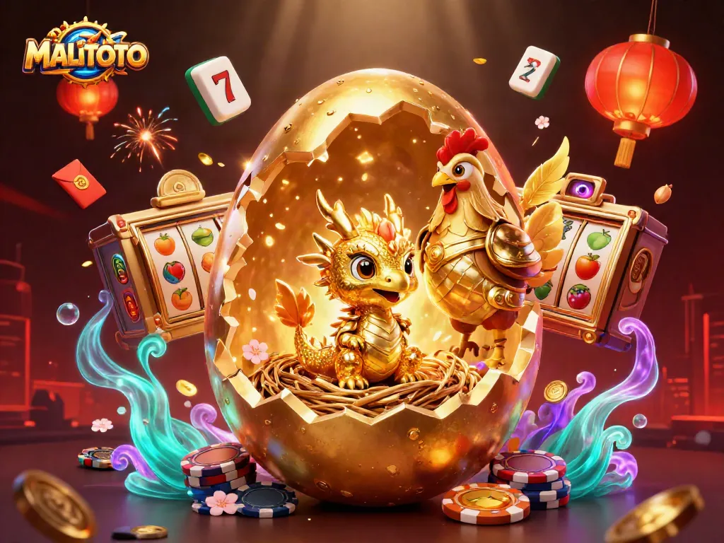 Engage with MALITOTO's golden dragon and slot reels in a vibrant casino-themed illustration.