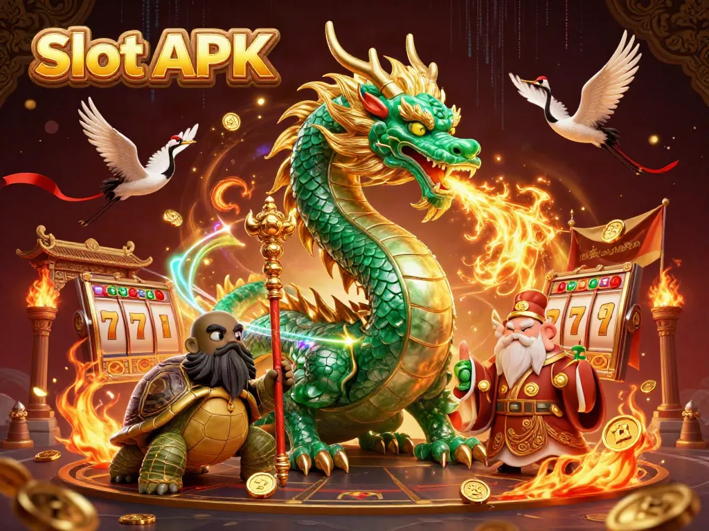 Experience the thrill of Slot APK with a lucky dragon, turtle sage, and cranes amidst rich casino elements.