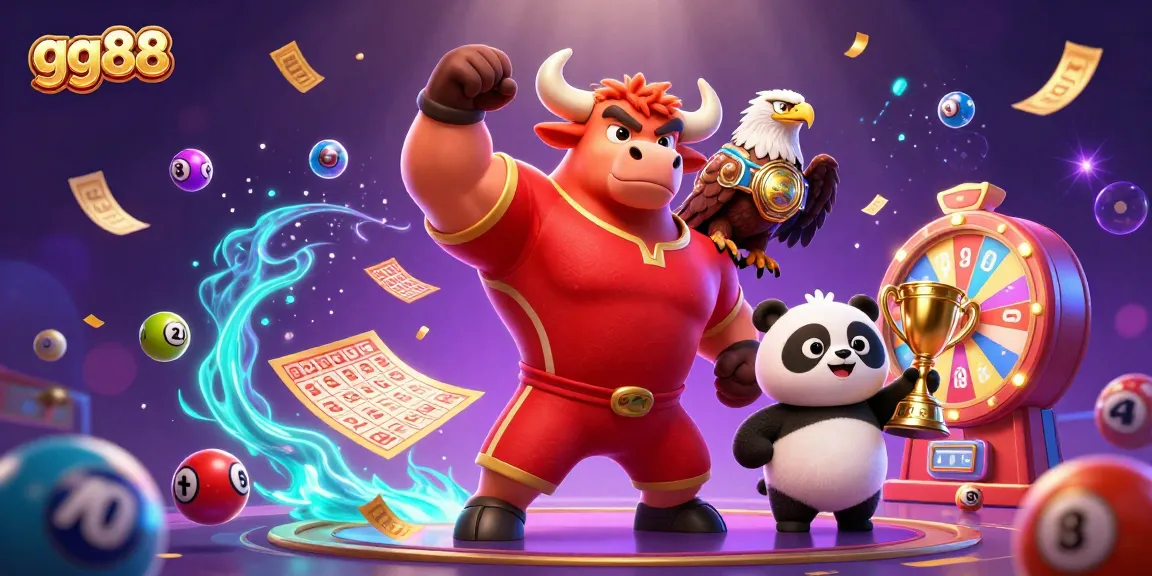 gg88's vibrant 3D illustration showcases a victorious bull, eagle champion, and trophy panda in an exciting casino setting.