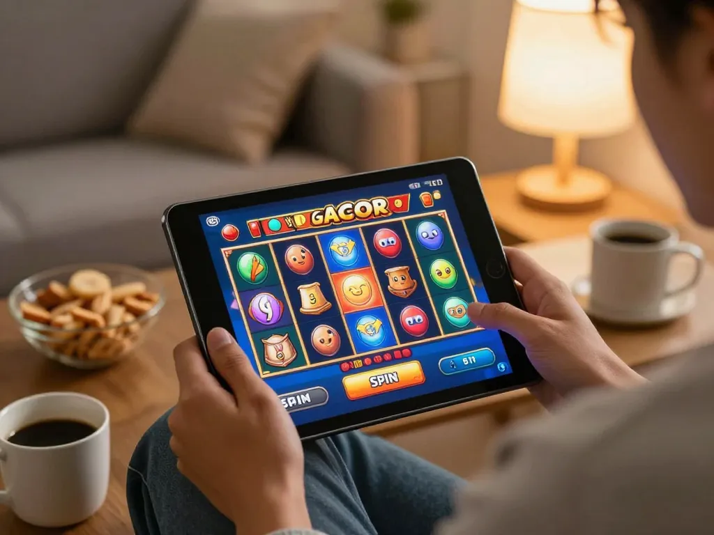 Enjoying a slot gacor game on a tablet, capturing the excitement of online gambling at home.