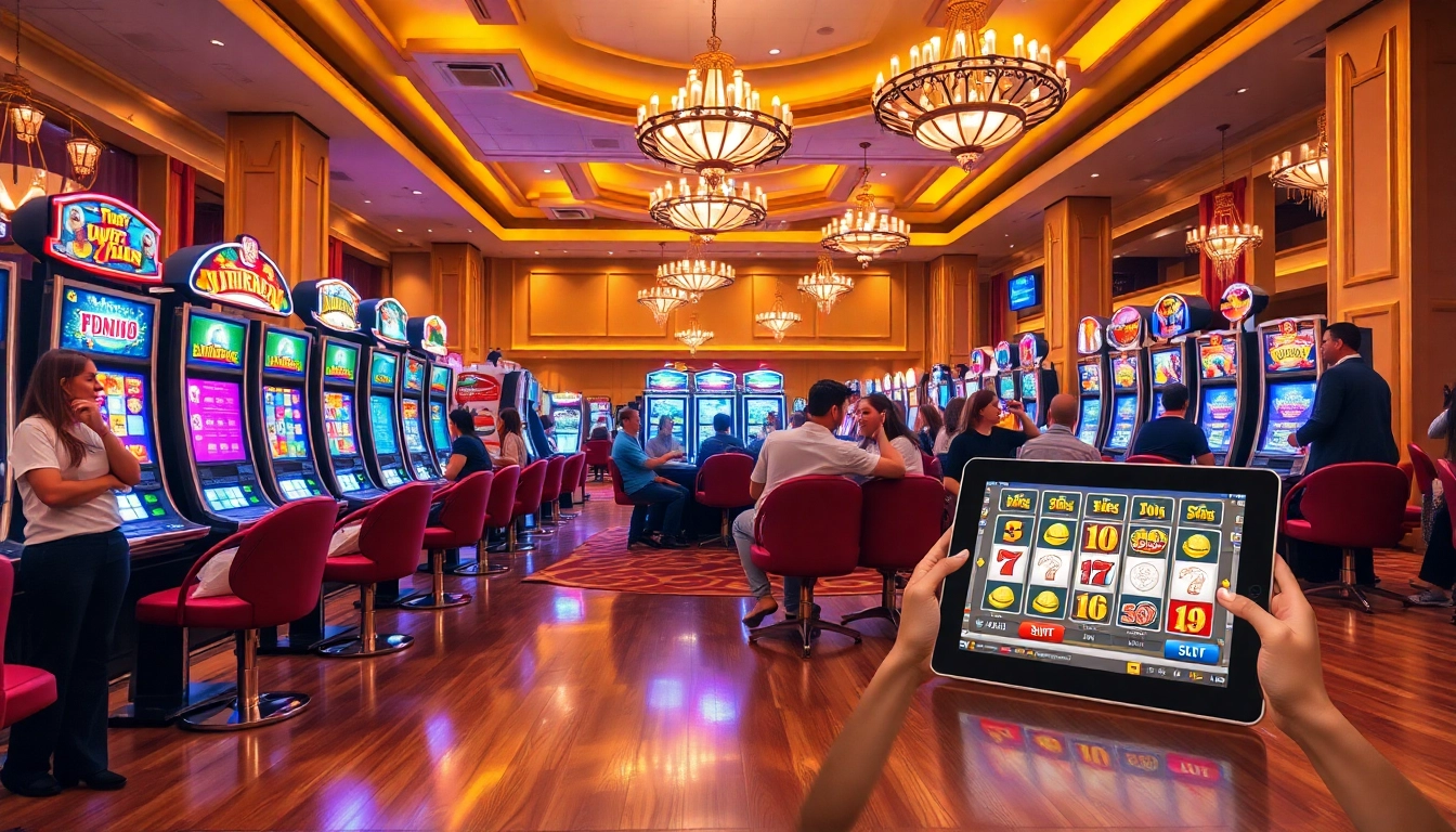Players winning big at vibrant slot gacor machines in a luxurious casino atmosphere.