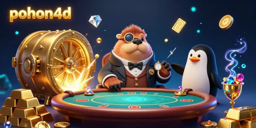 Pohon4d's jolly walrus character plays poker with vibrant casino elements in an underwater setting.