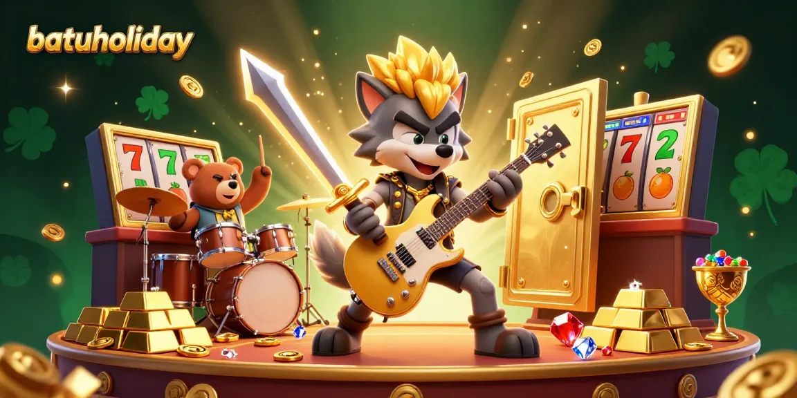 Experience batuholiday excitement with a vibrant casino scene featuring treasure, slot reels, and energetic characters.