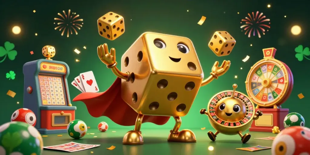 Wargatoto menyajikan golem dadu emas yang menarik dengan elemen lotere dan bingo di latar belakang penuh warna.