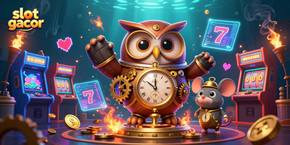 Engage with slot gacor in an exciting 3D casino scene featuring steampunk characters and vibrant slot elements.