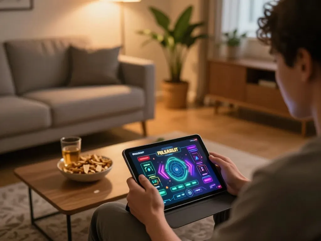PULSASLOT player strategizing online, enjoying a cozy home gaming setup with snacks and tablet