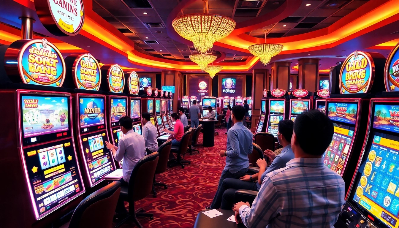 Experience the excitement of link slot deposit pulsa with vibrant slot machines and players enjoying casino games.