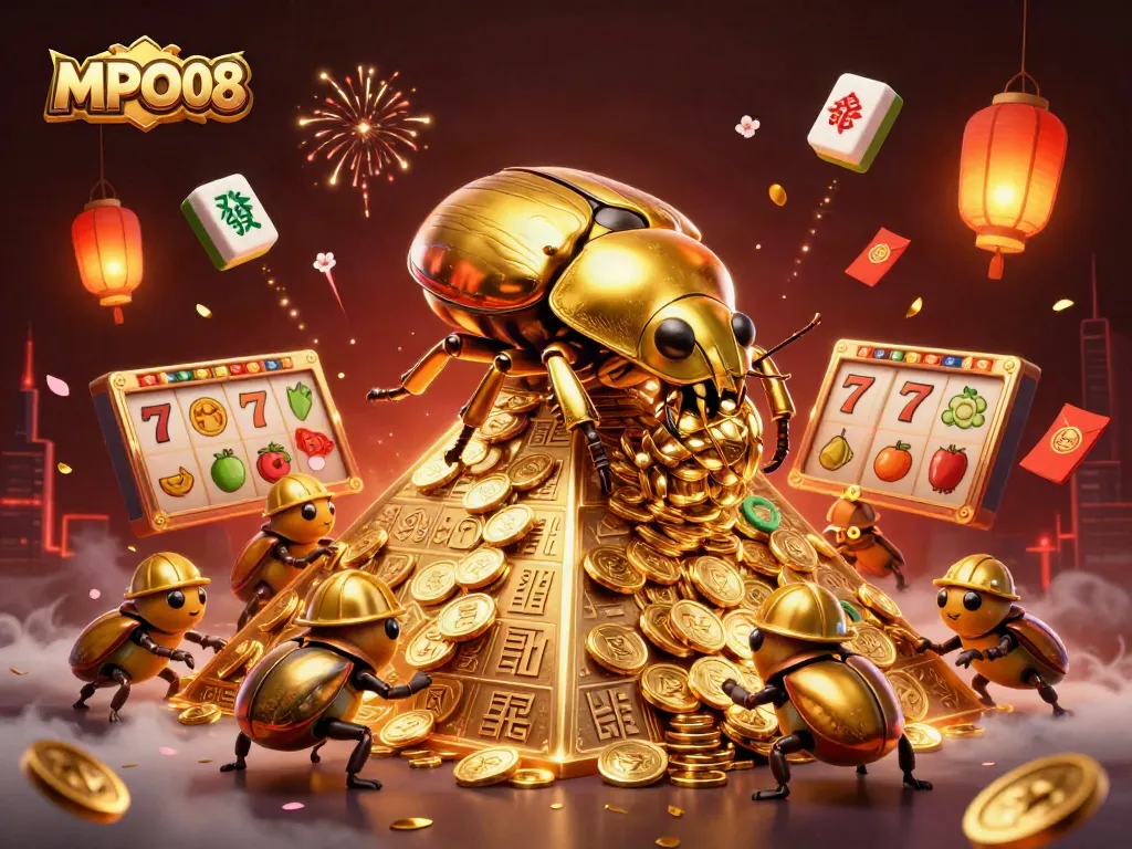 Experience MPO08's vibrant casino scene with golden beetles, slot elements, and festive decor.