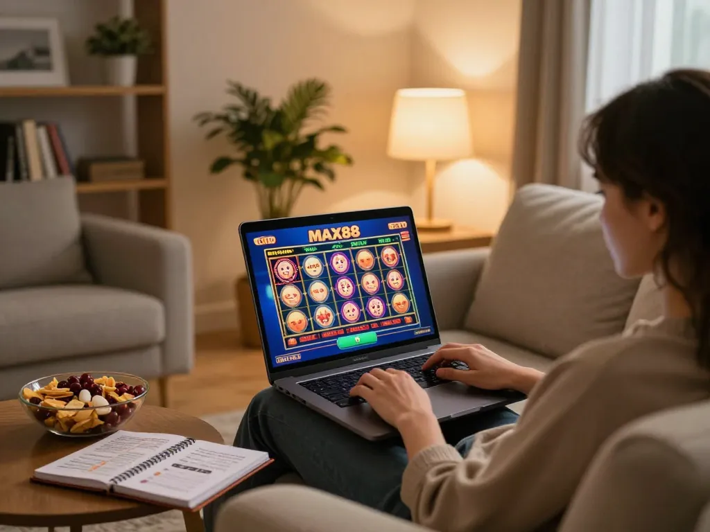Engaged player enjoying MAX88 slots on a laptop in a cozy home gaming environment with warm lighting.