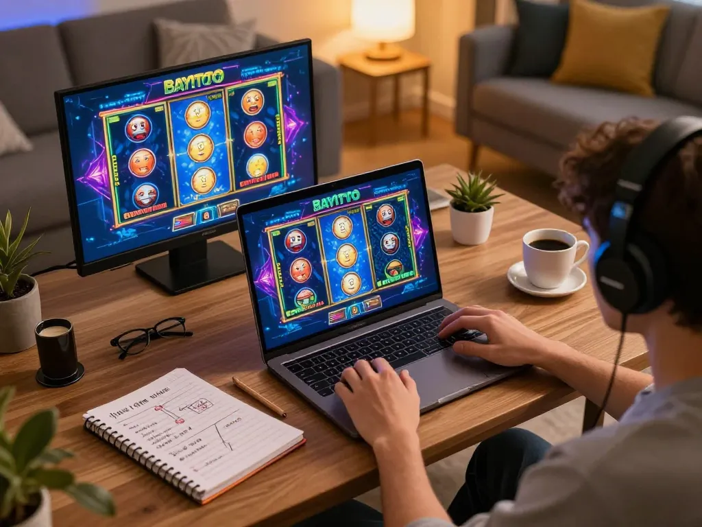 Engaging scene of a player enjoying bayitoto online slots in a cozy living room.