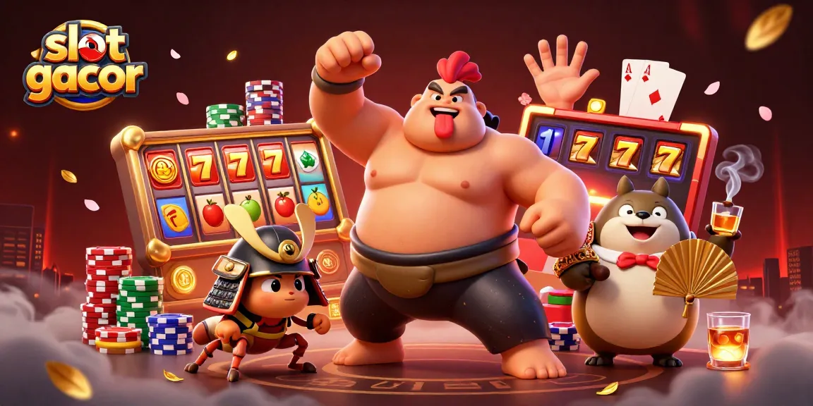 Slot gacor menarik perhatian dengan karakter sumo, jangkrik, dan tanuki di kasino.