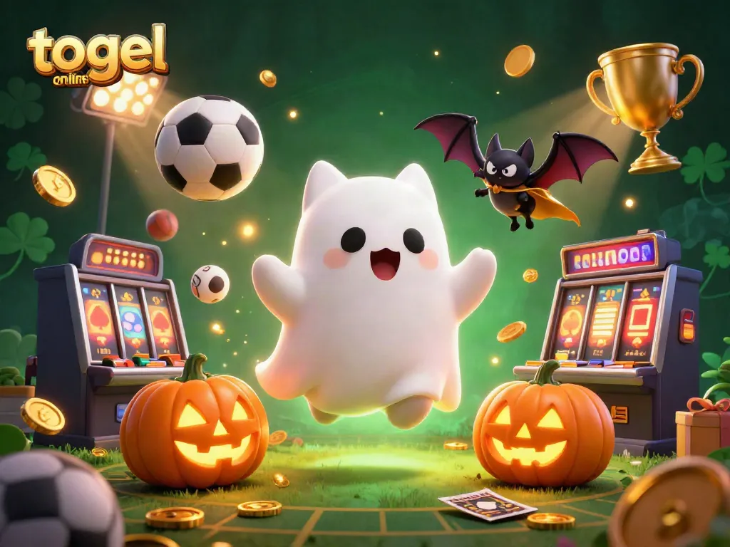 Mengikuti togel online dengan hantu kucing dan kelelawar dalam suasana kasino, serta bola olahraga dinamis.